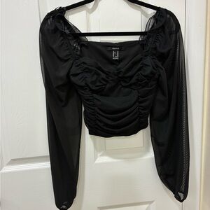 Forever 21 Black Ruched Mesh Sleeve Blouse pretty long sleeve transparent